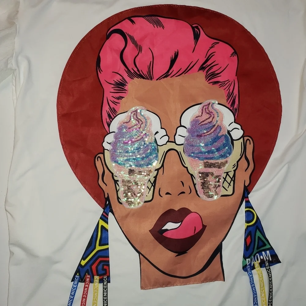 Novelty Print Sequin T-Shirt Mini Dress Size 2X ? Ice Cream Tassels Bell Sleeve - Picture 7 of 14